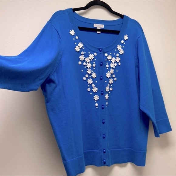CHARTER CLUB Summer Splash Cardigan 3D Floral Appliqué in Blue Bell‎ Women’s 3X - Picture 4 of 8
